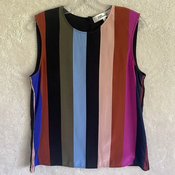 Diane Von Furstenberg Sleeveless Silk Colorful Top M Natural Classic Blouse - Picture 8 of 9